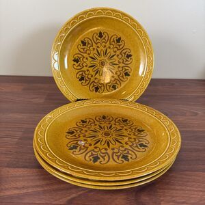 Vintage Homer Laughlin GOLD CORTEZ 10-1/8" Dinner Plates Set of 4 HTF MCM Boho